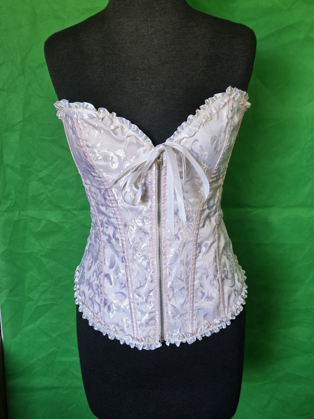 Pale Pink Satin Brocade Corset Bustier L Lace Trim Zip Front Pale Pink